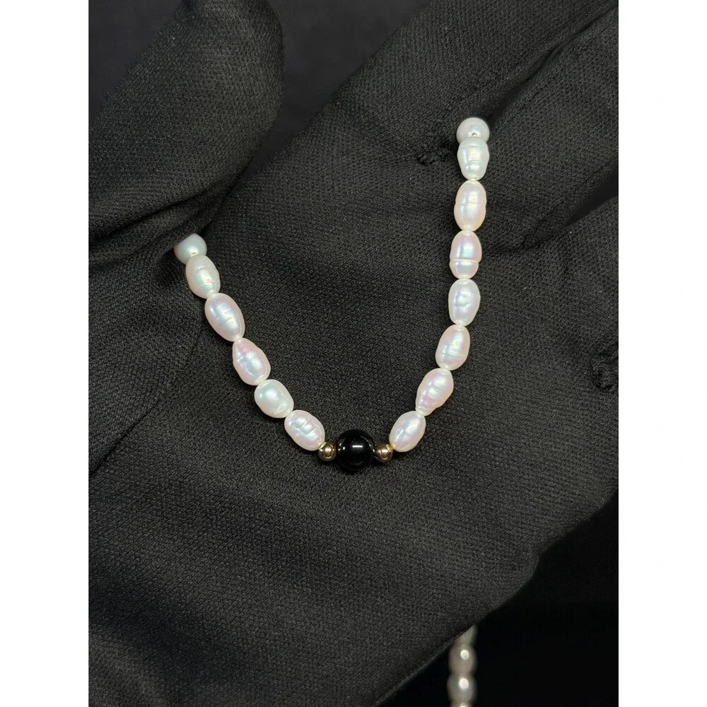 14K Gold Freshwater Pearl Onyx Endless Necklace 33 Inch 28.5g